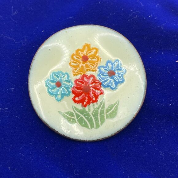 Unbranded Jewelry - Vintage Colorful Enamel Wavey Copper Pin 1.5" Round Unsigned Floral Brooch MCM